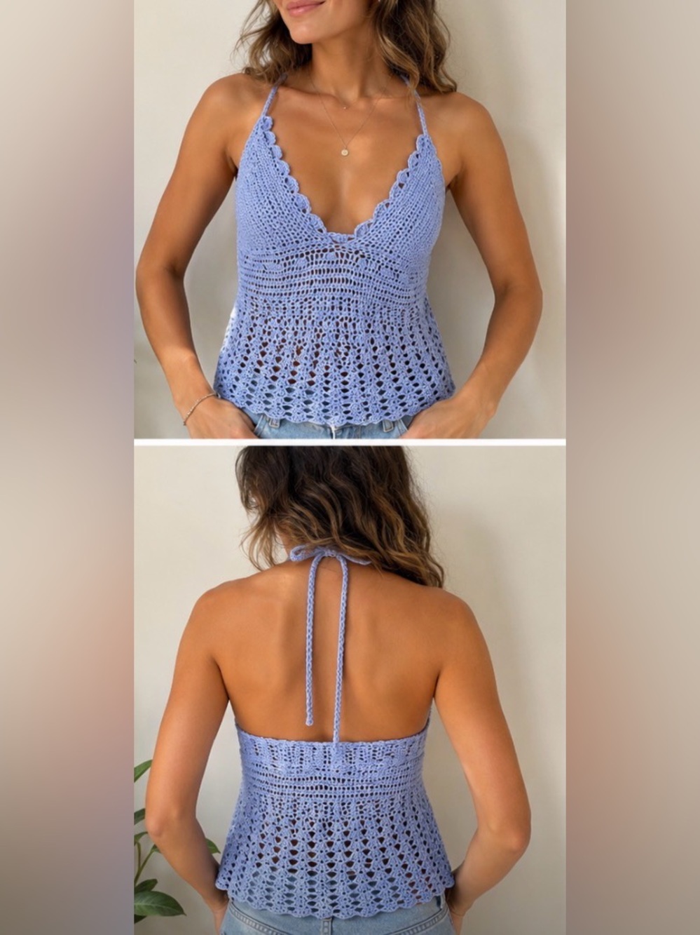 Light Blue Crochet Halter Tank Top